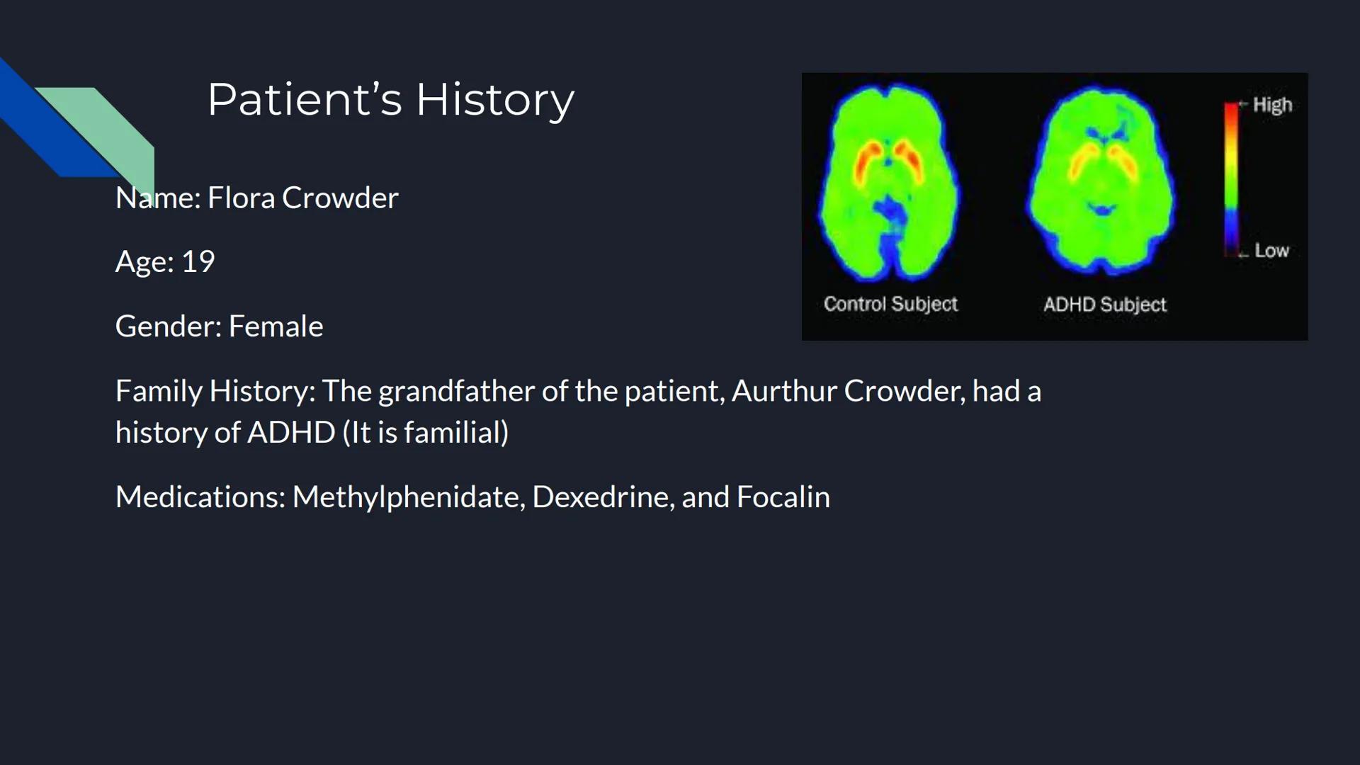 # Case Study on
ADHD

Chelsea Ngokwere # Patient's History

Name: Flora Crowder

Age: 19

Gender: Female

High

Low

Control Subject

ADHD S