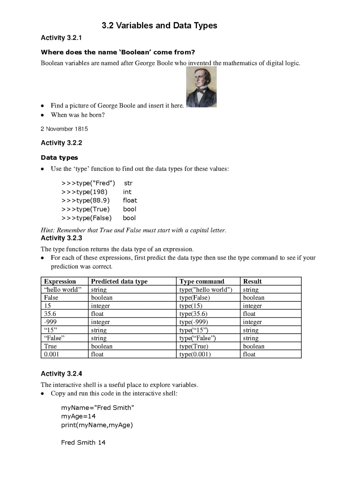 Python Data Types and Variables Fun Worksheet with Answers