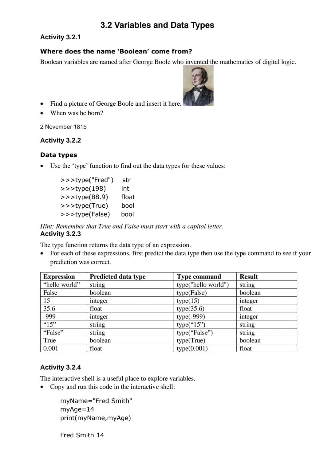Activity 3.2.1
Where does the name 'Boolean' come from?
Boolean variables are named after George Boole who invented the mathematics of digit