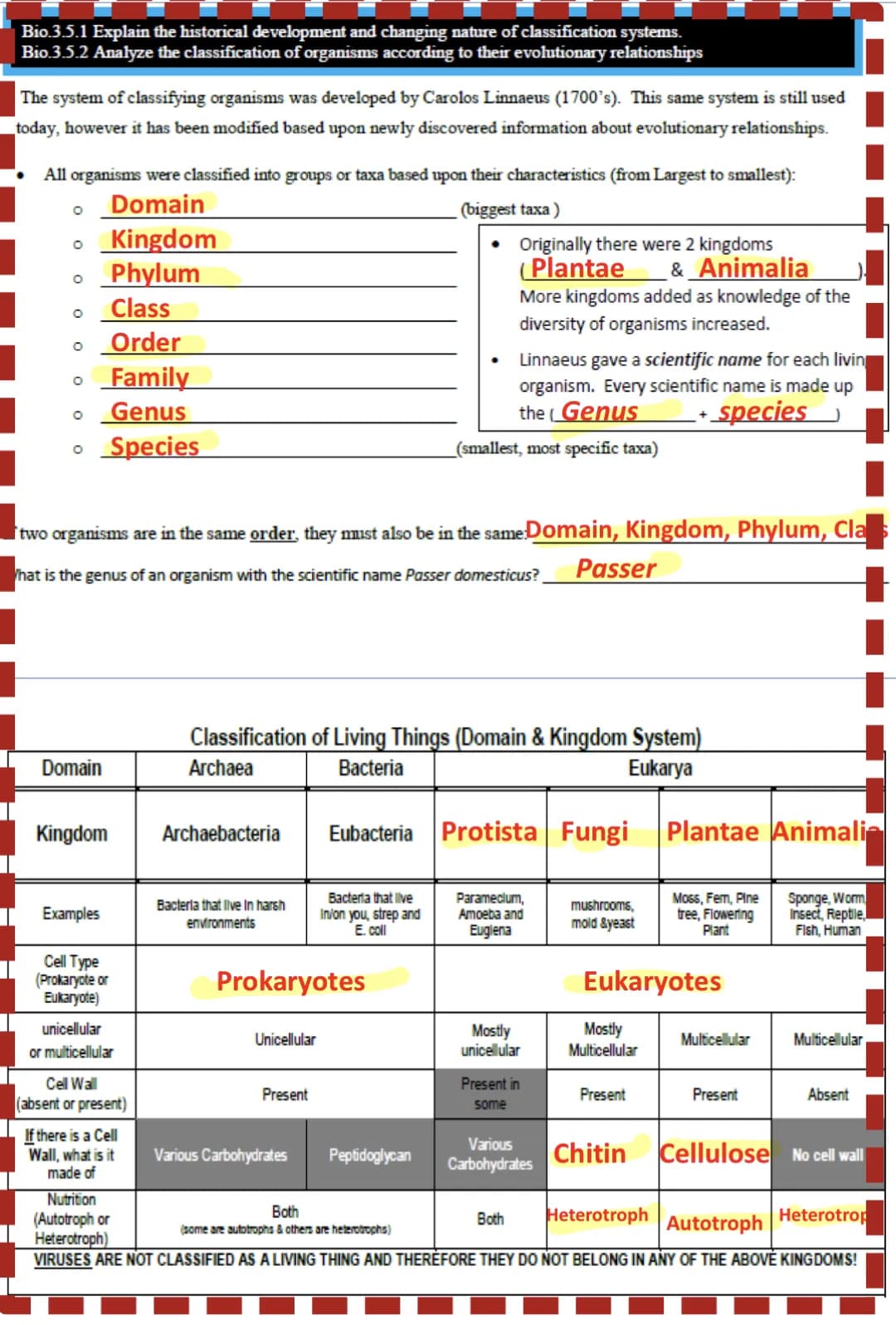 System of classifying organisms