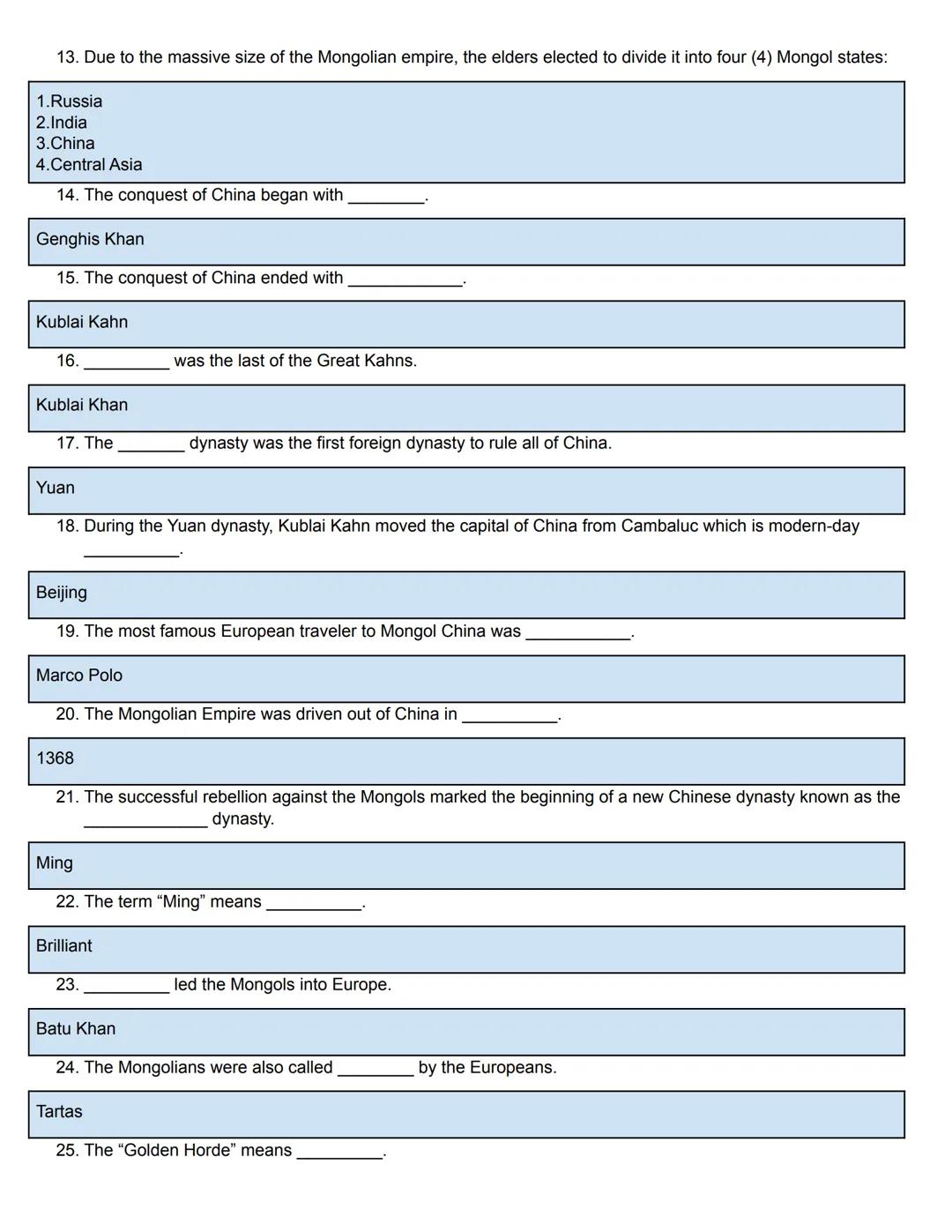 # Asian History Study Guide Packet
(The Mongols)

ASIAN
HISTORY # Asian History (The Mongols) Study Guide

Directions: Read and answer the f