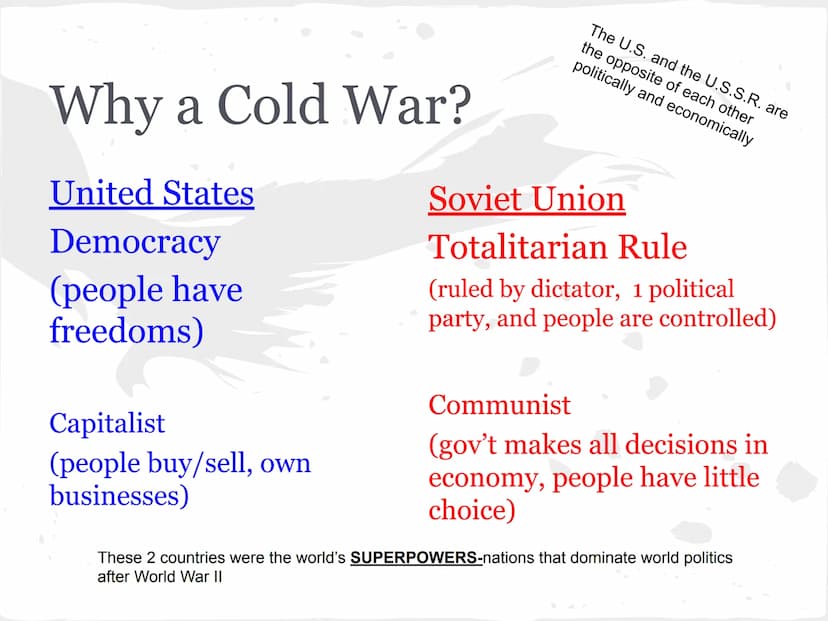 COLD WAR
(1945-1991) What is it all about?
United States vs. Soviet Union
COLD WAR-state of high tension between
these two countries. They d