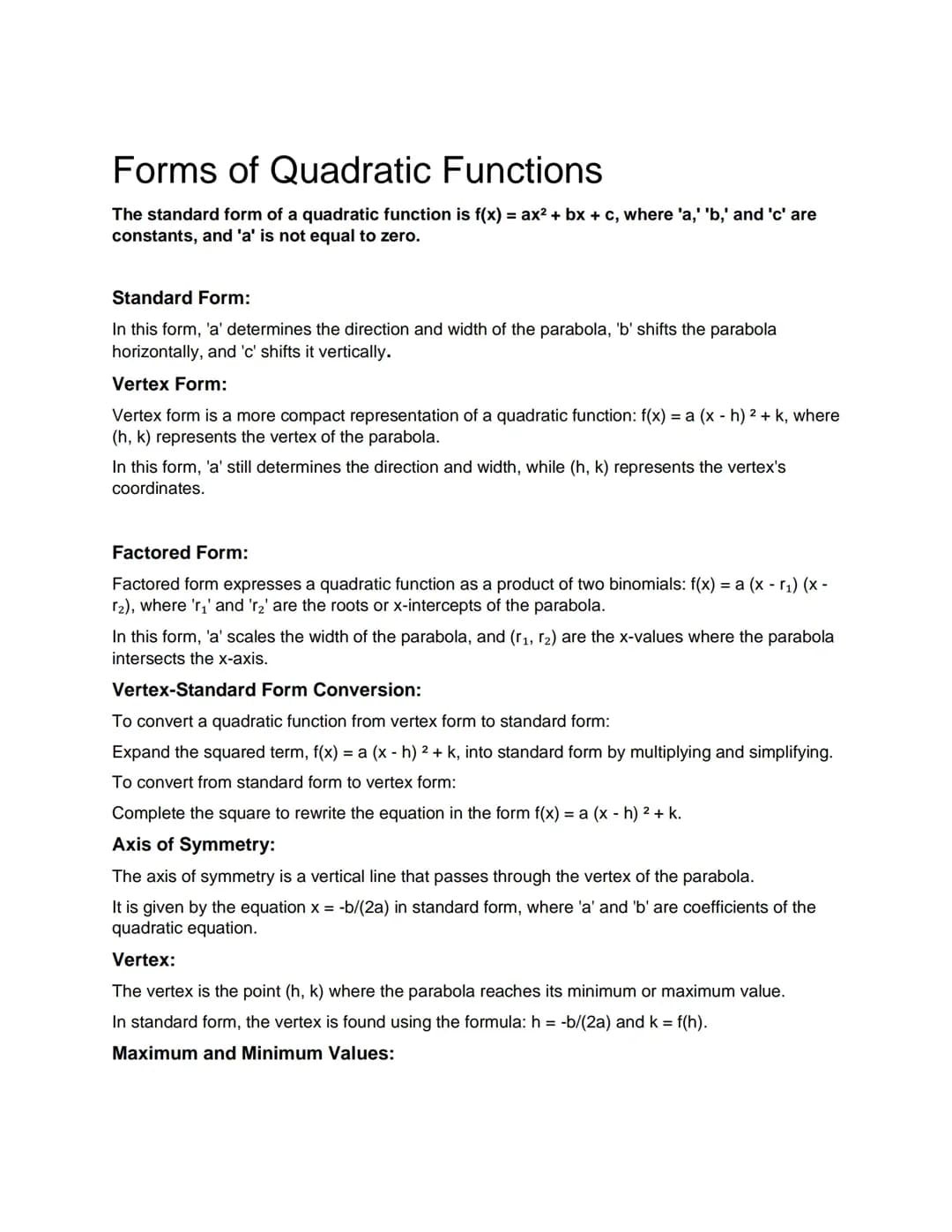 Forms of quadratic functions