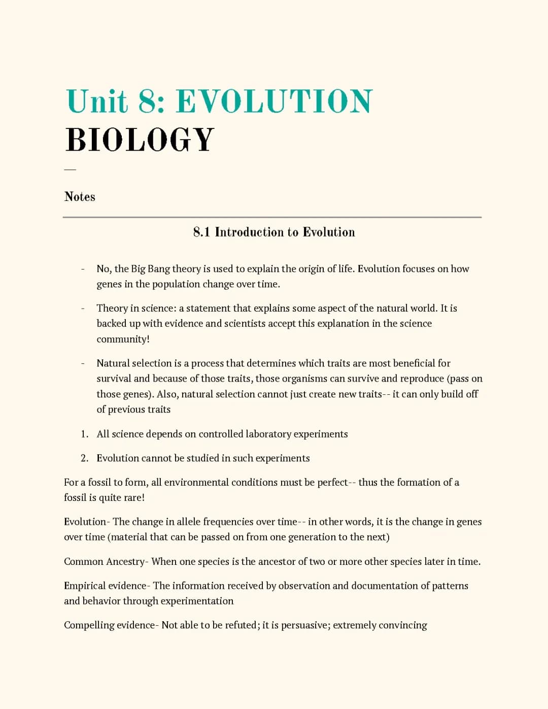 Biology: Evolution Notes 