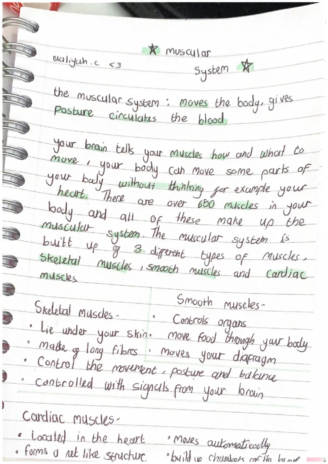 •
"
O
>
0
daliyah. c <3
System
the muscular system : moves the body, gives
posture circulates the blood.
your brain tells your muscles how a