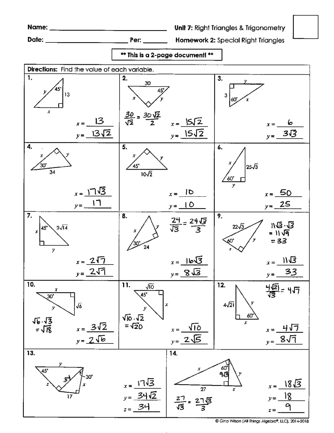Right Triangles and Trigonometry Homework Help with Answer Keys
