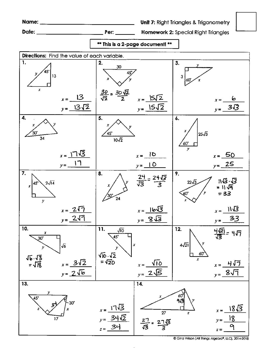 Right Triangles and Trigonometry Homework Help with Answer Keys