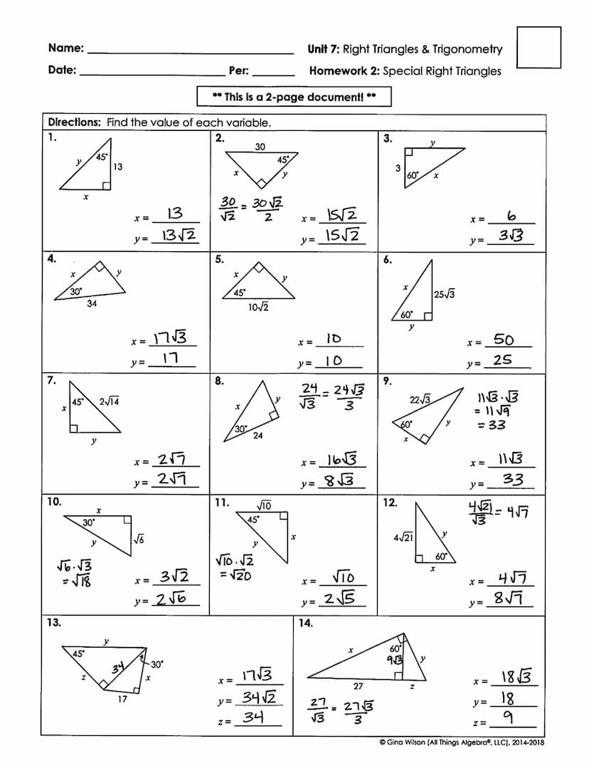 Unit 8 right triangles and trigonometry homework 1 pythagorean theorem and its converse outlet