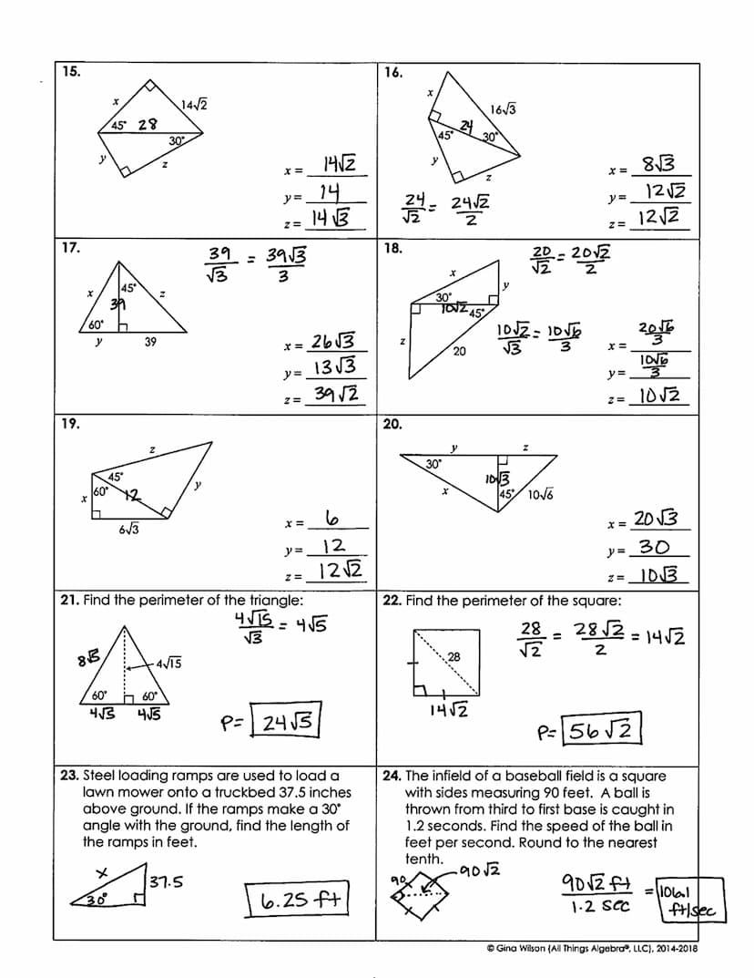 Name:
Date:
1.
Directions: Find the value of each variable.
2.
4.
7.
10.
y
13.
X
30°
X
45°
34
30°
45°
45°
y
√6.√3
=√18
y
[
13
n
V
2√14
34
17