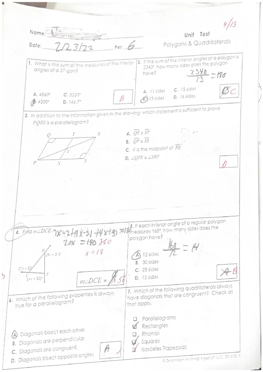 3
Name:
Pe
2/23/22
1. What is the sum of the measures of the interior (2. If the sum of the interior angles of a polygon is
angles of a 27-g