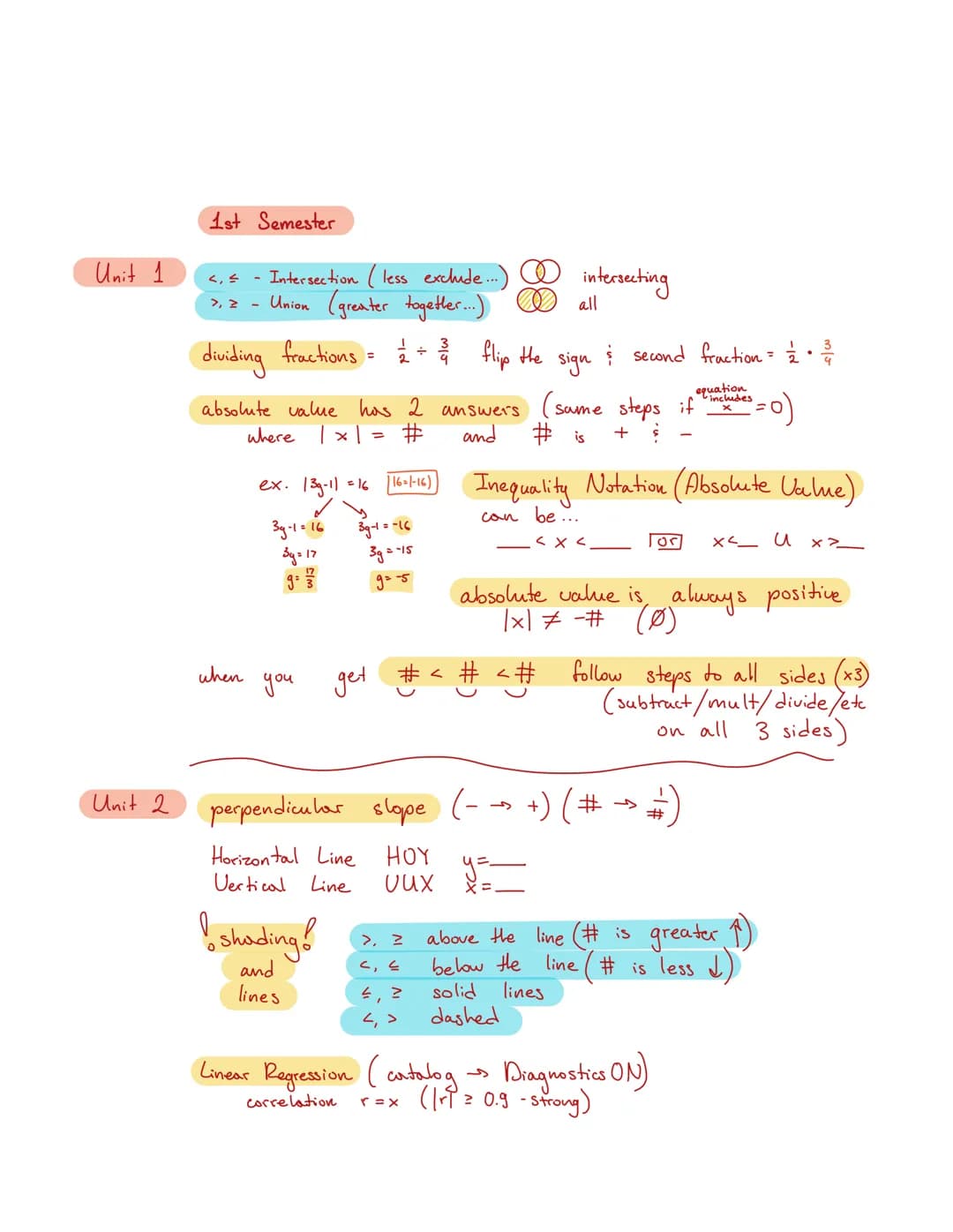 Unit 1
Unit 2
1st Semester
<,<
> > -
· Intersection (less exclude....)
Union (greater together...)
dividing fractions =
absolute
when
value
