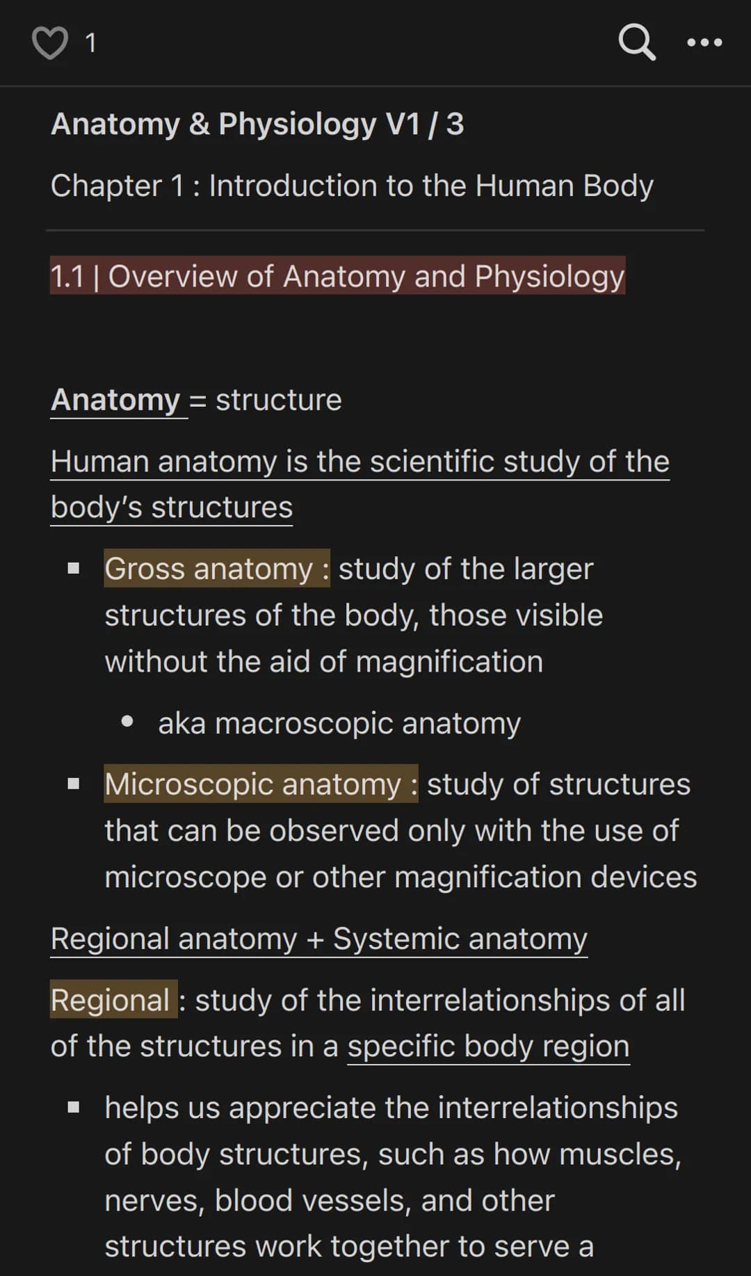 1
Q.
Anatomy & Physiology V1 / 3
Chapter 1: Introduction to the Human Body
1.1 | Overview of Anatomy and Physiology
Anatomy = structure
Huma