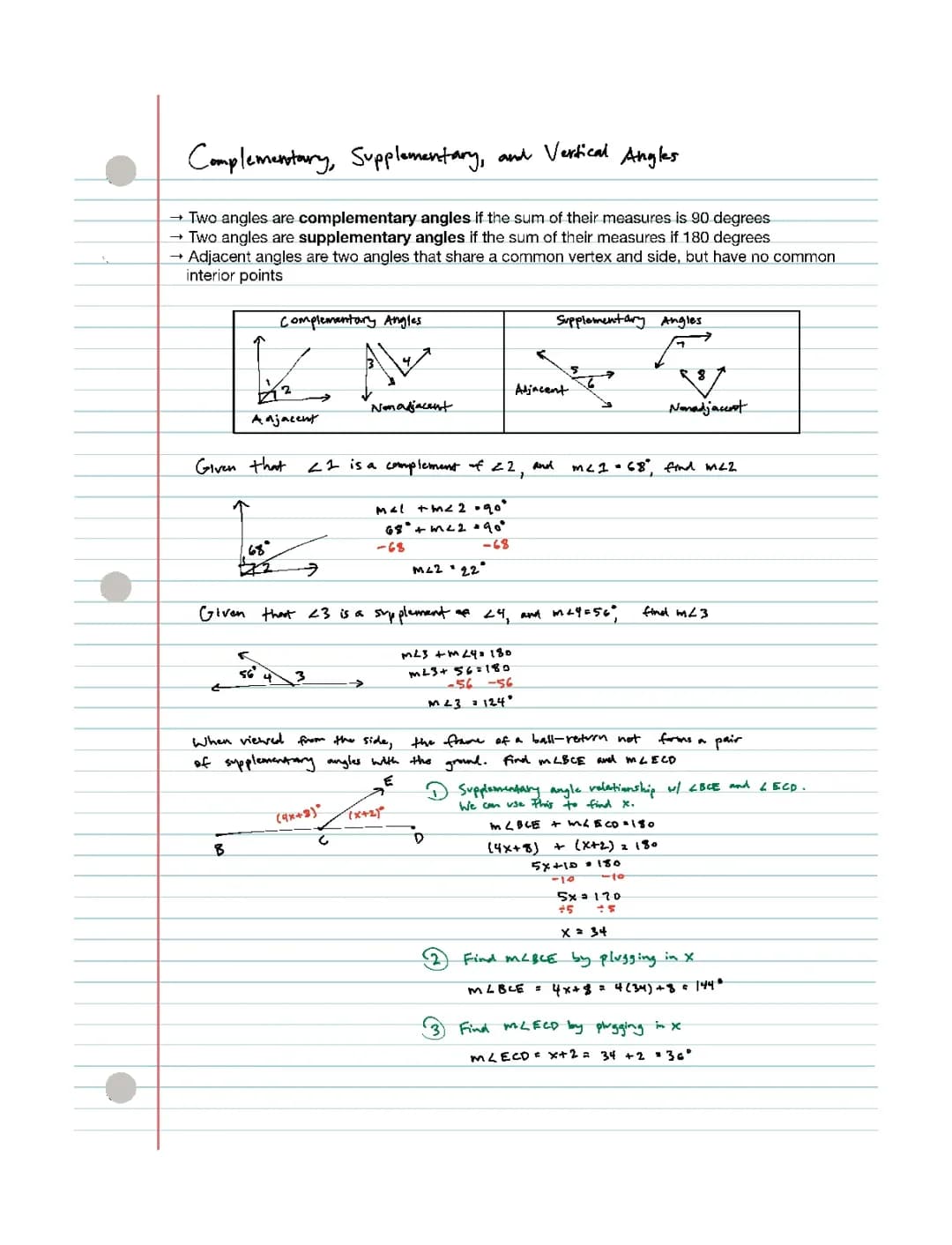 Math 7 | Complementary, Supplementary, and Vertical Angles Notes