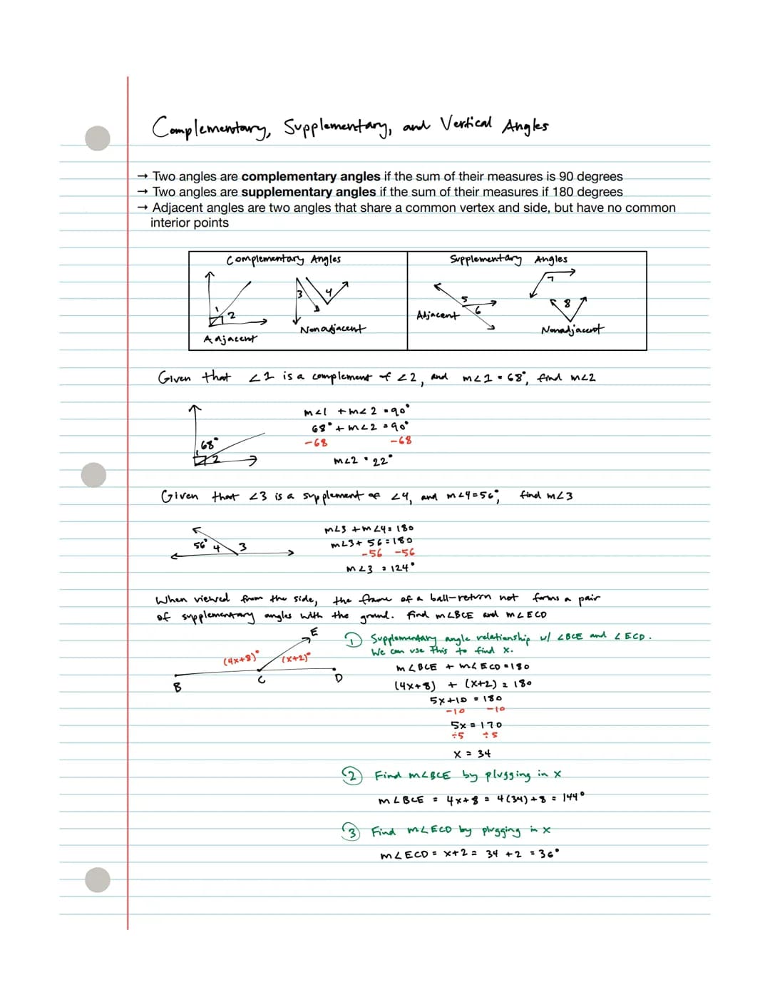 Complementary, Supplementary, and Vertical Angles
→ Two angles are complementary angles if the sum of their measures is 90 degrees
Two angle