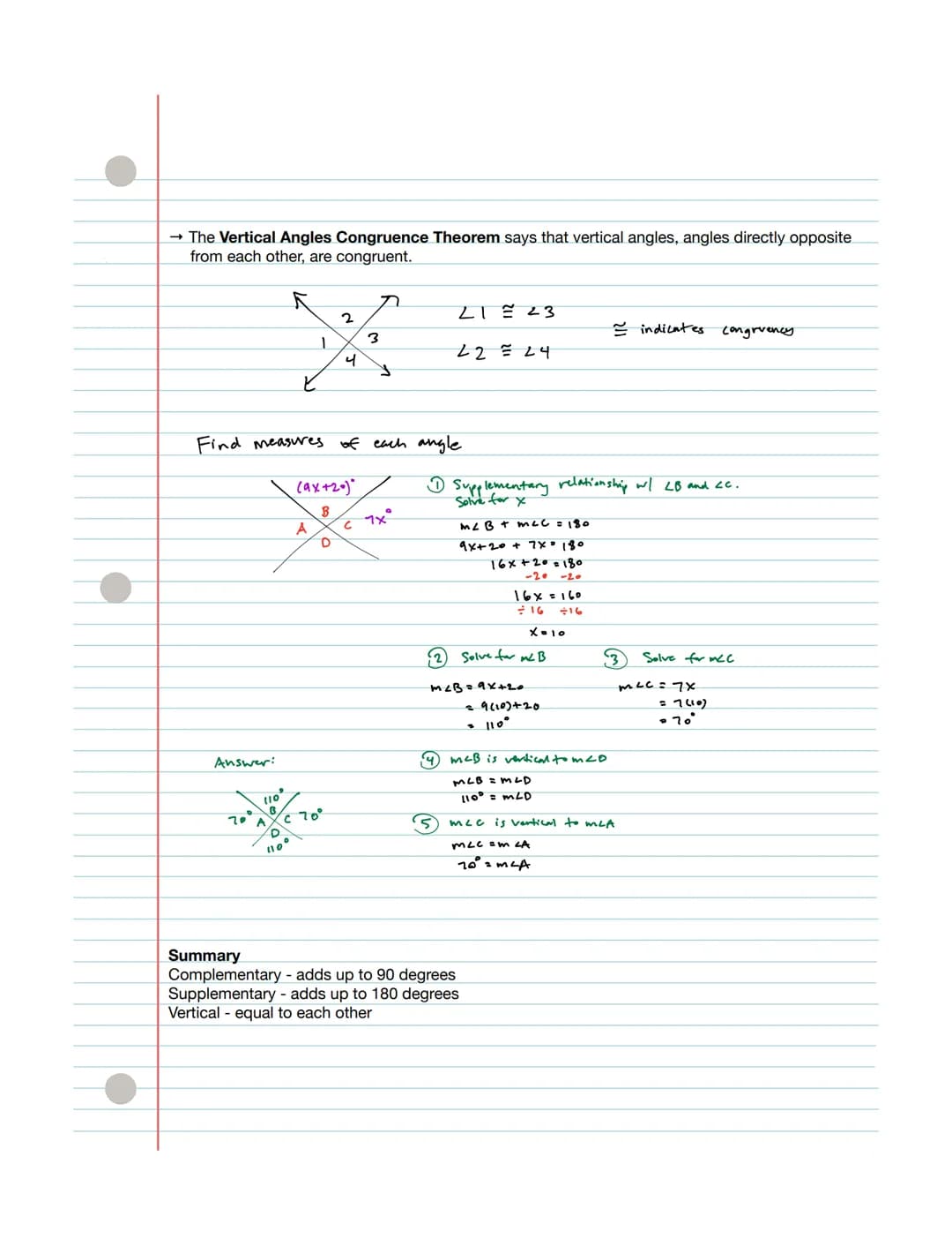 Complementary, Supplementary, and Vertical Angles
→ Two angles are complementary angles if the sum of their measures is 90 degrees
Two angle