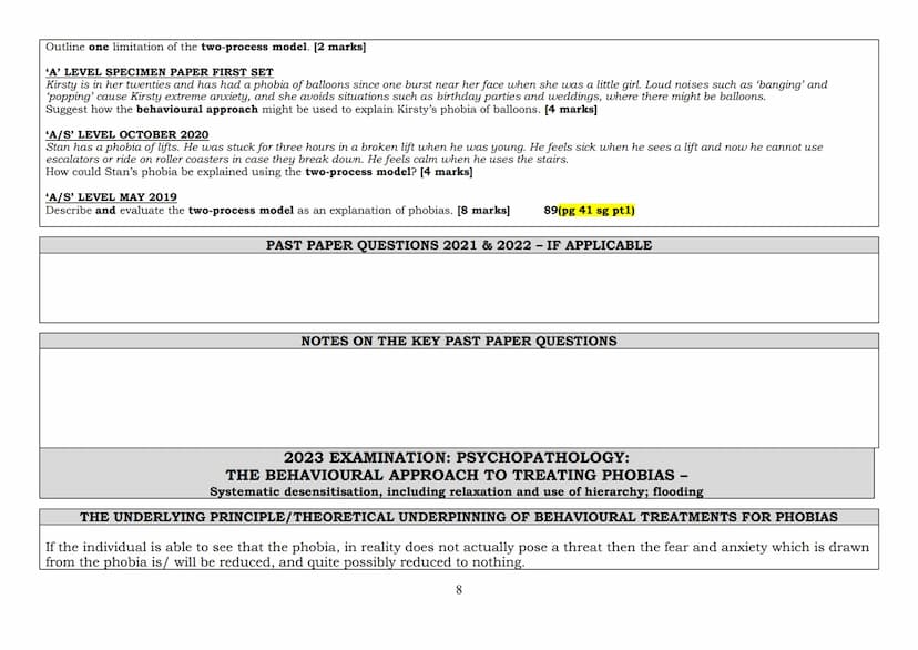 2023 EXAMINATION: PSYCHOPATHOLOGY -
THE BEHAVIOURAL APPROACH TO EXPLAINING PHOBIAS
The two-process model, including classical and operant co