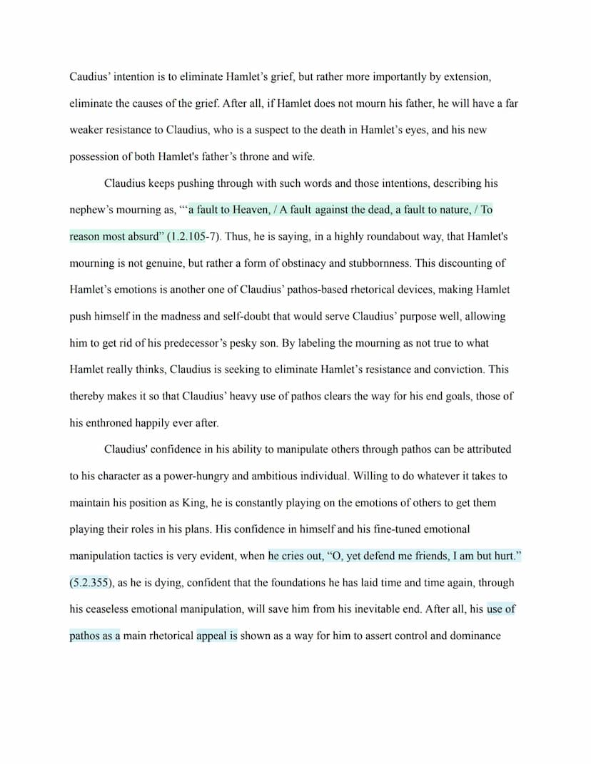 
<p>In the story of Hamlet by William Shakespeare, Claudius, the King of Denmark, emerges as a powerful and convincing speaker, using pathos