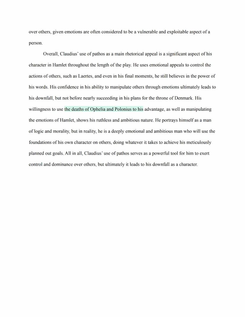 
<p>In the story of Hamlet by William Shakespeare, Claudius, the King of Denmark, emerges as a powerful and convincing speaker, using pathos
