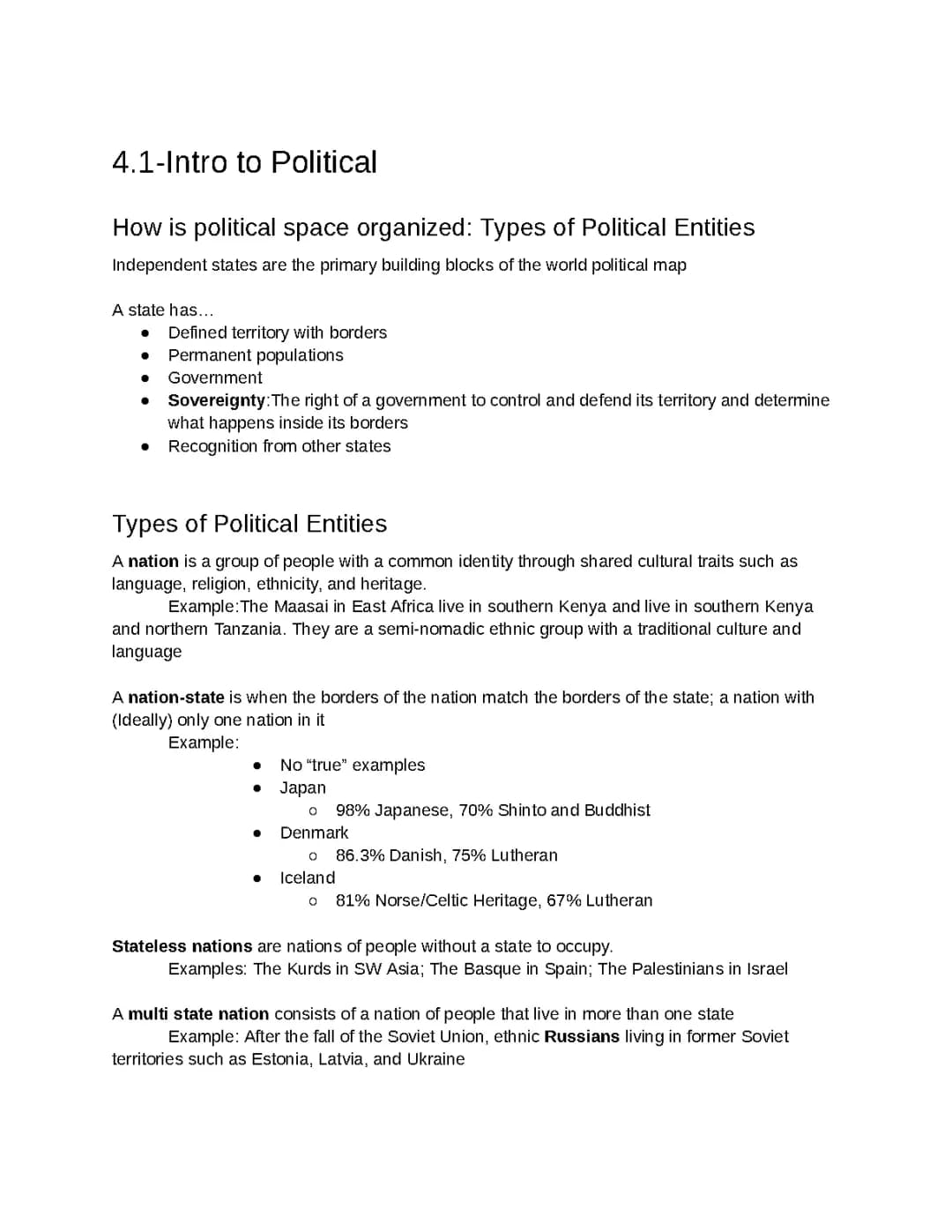 AP Human Geography Unit 4: Political Patterns, Nation-States, and Stateless Nations
