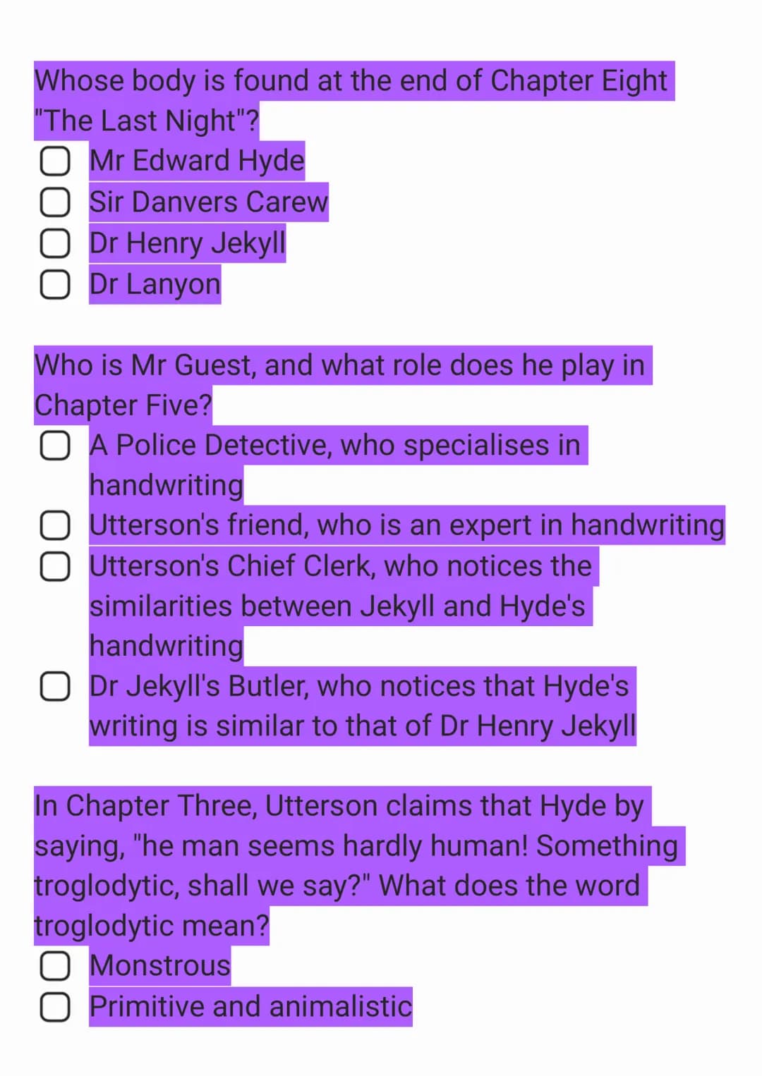 Jekyll and Hyde Knowledge Quiz
In what year was Jekyll & Hyde published?
O 1887
O 1896
1886
1885
What is Utterson's job?
O Bin man
O Teacher