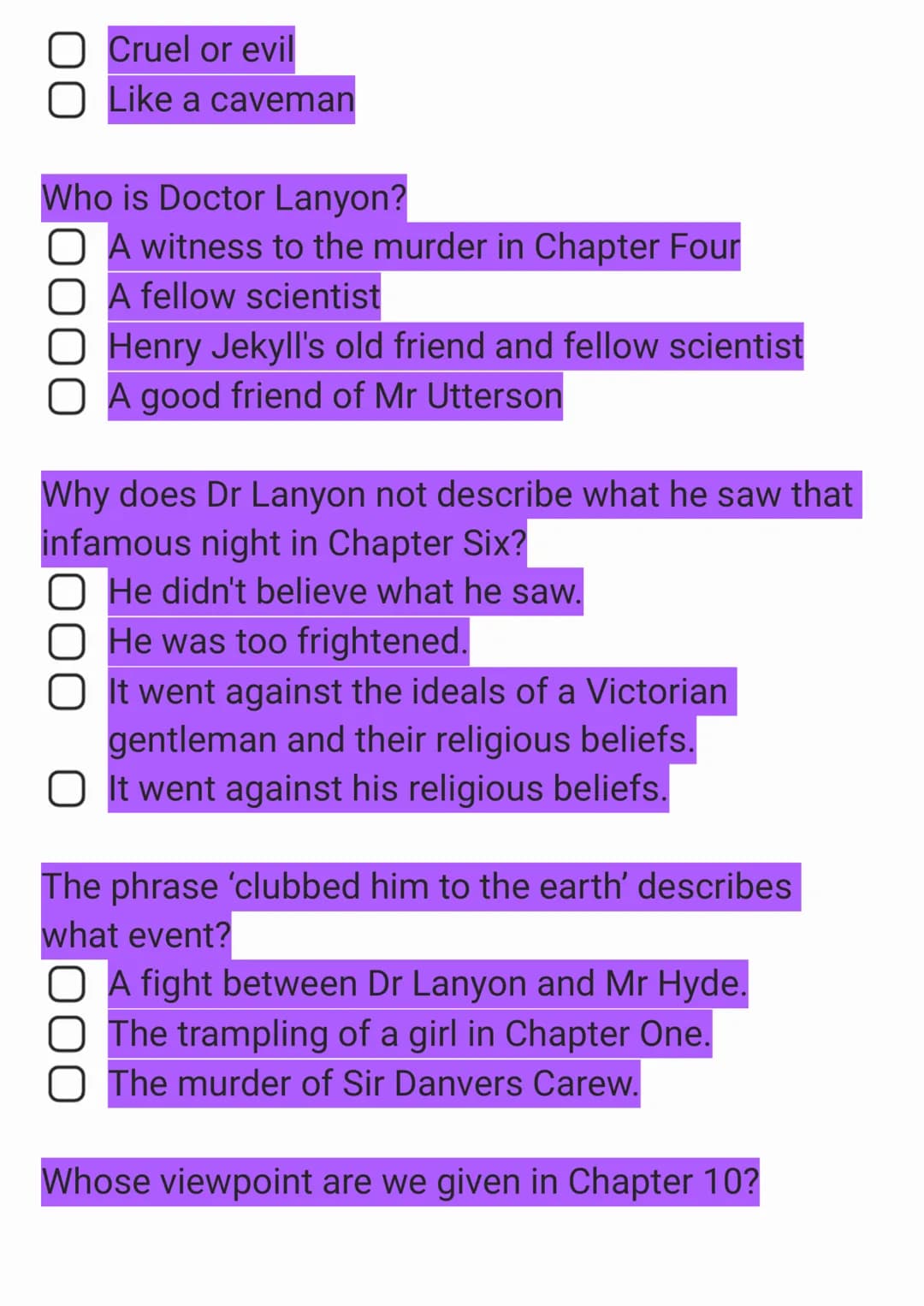 Jekyll and Hyde Knowledge Quiz
In what year was Jekyll & Hyde published?
O 1887
O 1896
1886
1885
What is Utterson's job?
O Bin man
O Teacher