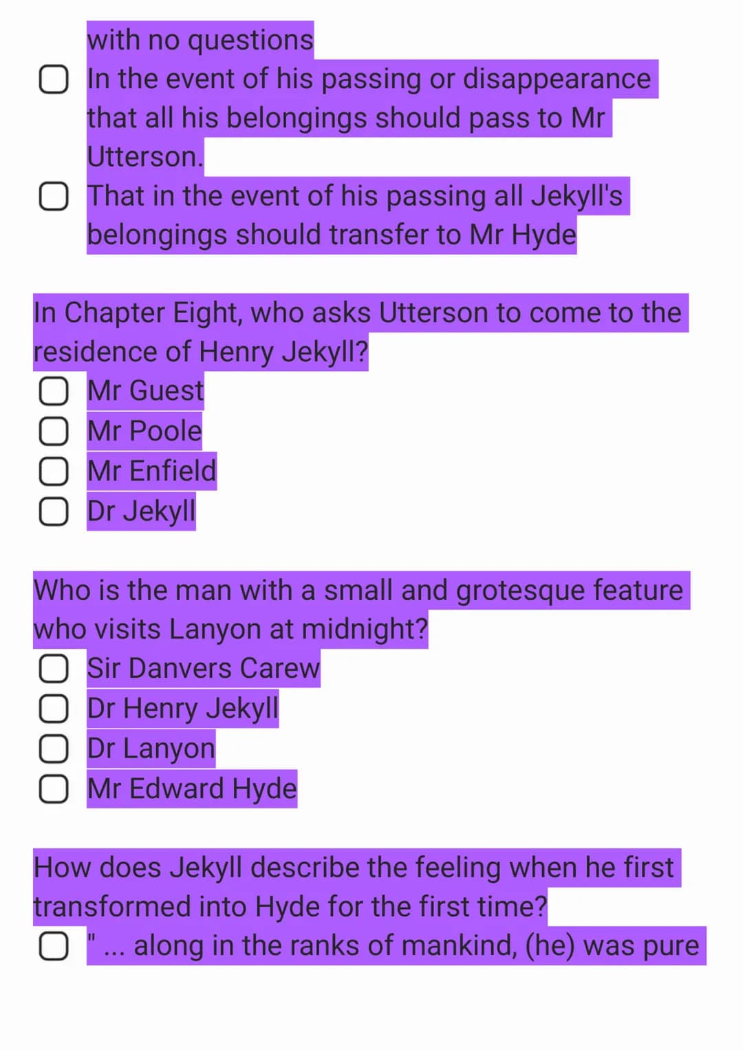 Jekyll and Hyde Knowledge Quiz
In what year was Jekyll & Hyde published?
O 1887
O 1896
1886
1885
What is Utterson's job?
O Bin man
O Teacher