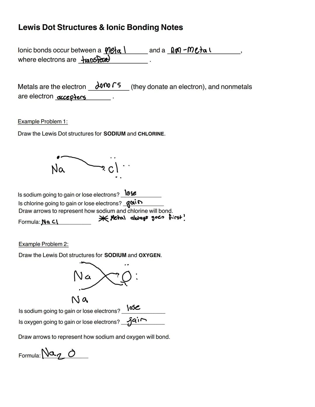 Lewis Dot Structures & lonic Bonding Notes
lonic bonds occur between a Meta I
where electrons are transfere
Metals are the electron
are elec