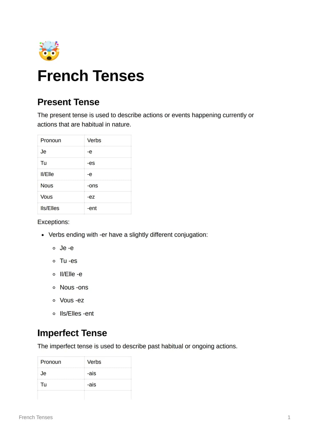 French Tenses
Present Tense
The present tense is used to describe actions or events happening currently or
actions that are habitual in natu