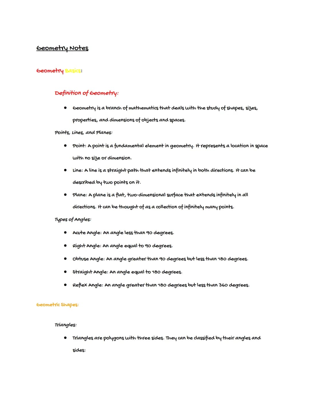 Geometry Notes
Geometry Basics:
Definition of Geometry:
Geometry is a branch of mathematics that deals with the study of shapes, sizes,
prop