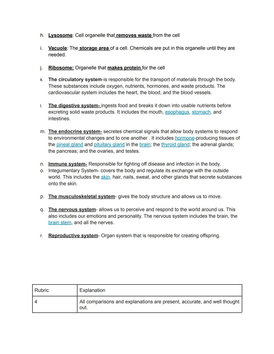 Name: _Carol Chen 805
Body Systems and Cell Organelle Comparisons

Learning Targets: To be able to make accurate comparisons between differe