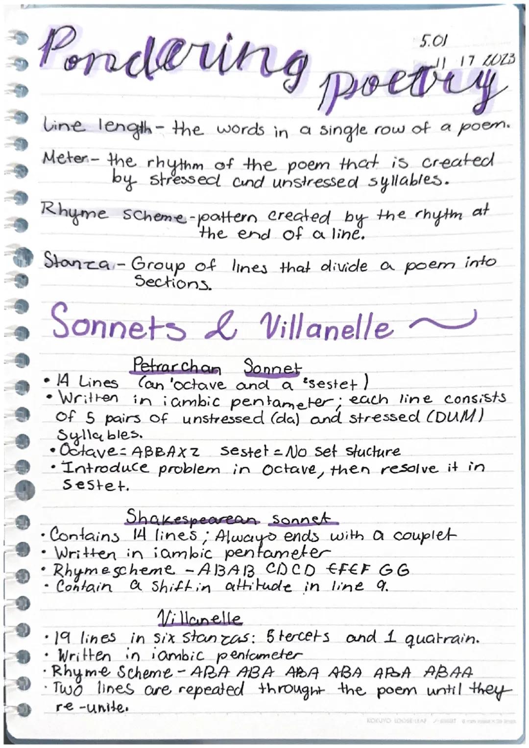 • Pondering poetry
Line length - the words in a single row of a poem.
Meter - the rhythm of the poem that is created
by stressed and unstres