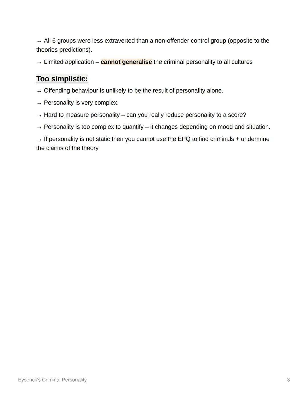 Eysenck's Criminal Personality
Personality theory:
Proposed by Eysenck (1947).
→ Behaviour is represented along 2 dimensions:
• Introversion