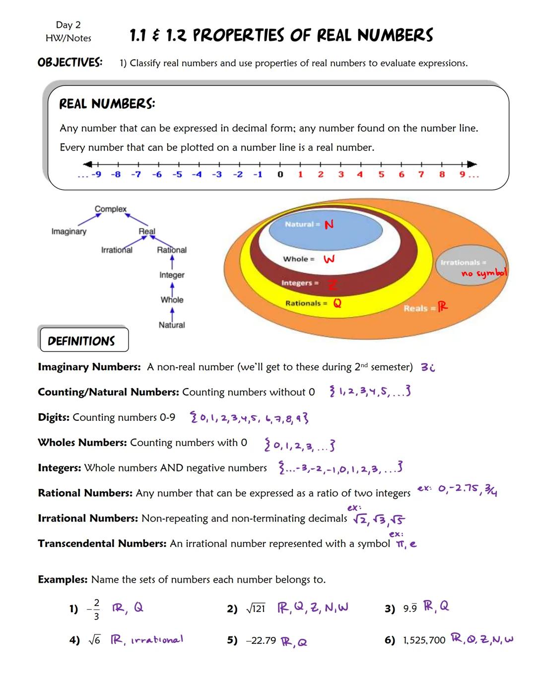 Day 2
HW/Notes
1.1 1.2 PROPERTIES OF REAL NUMBERS
OBJECTIVES: 1) Classify real numbers and use properties of real numbers to evaluate expres