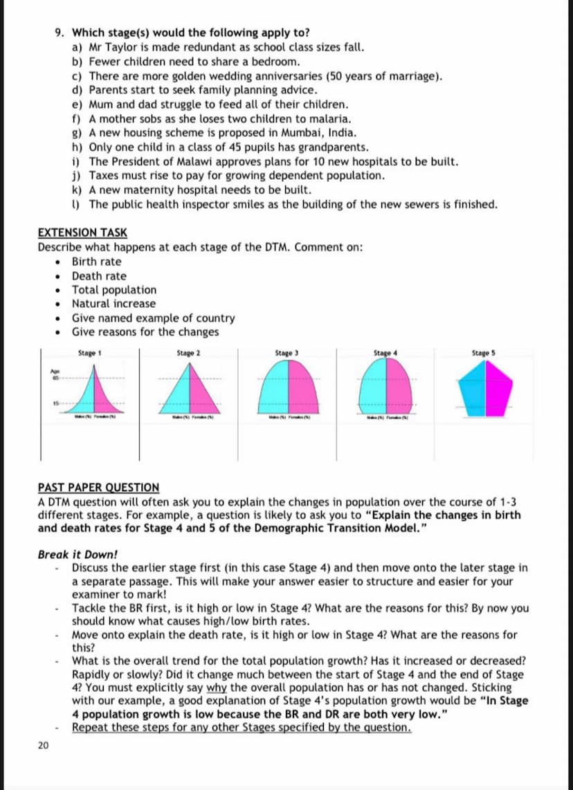 DEMOGRAPHIC TRANSITION MODEL (DTM)
The Demographic Transition Model shows population change over time.
The model studies how birth rate and 