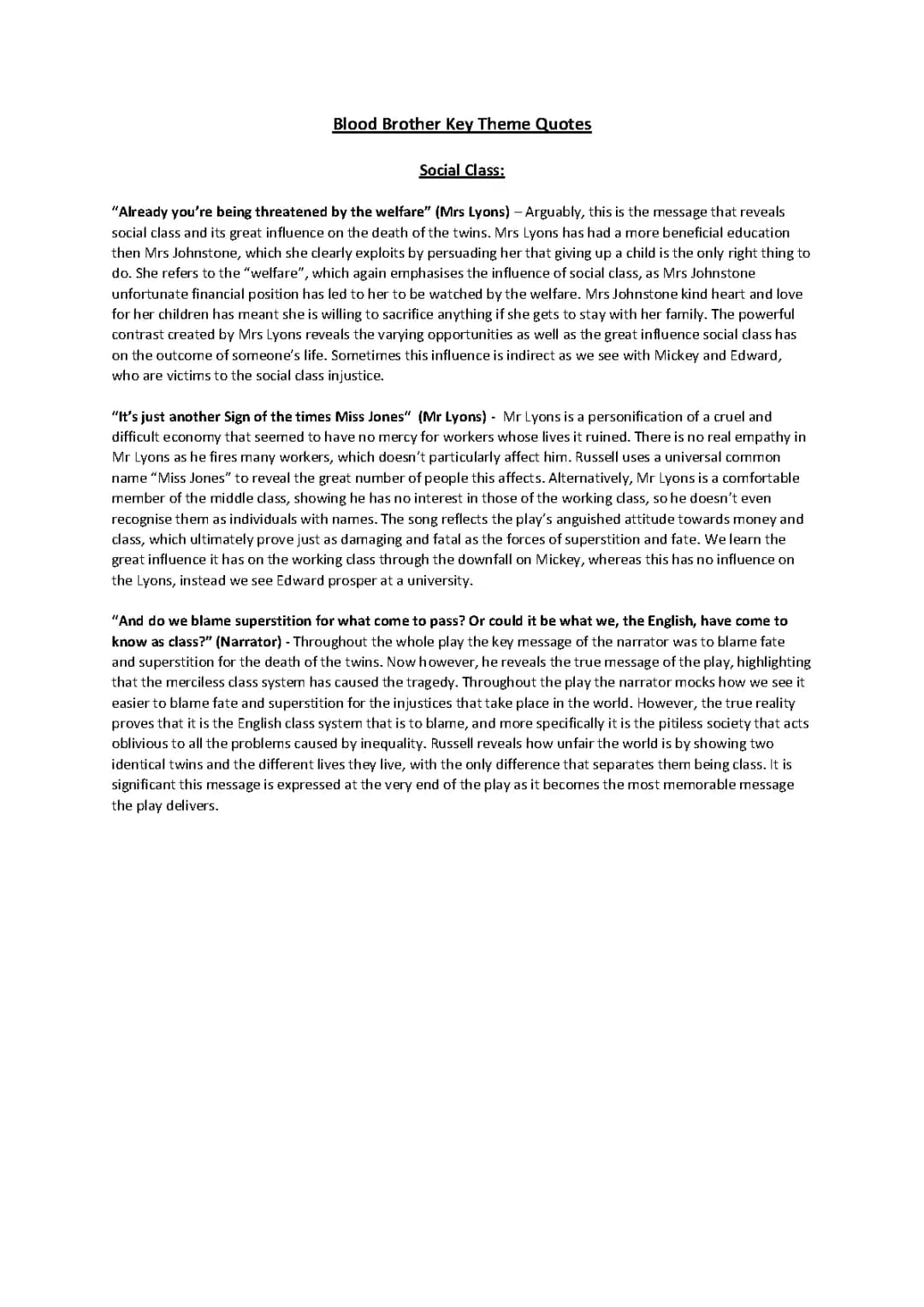 Blood Brother Key Theme Quotes: Social Class