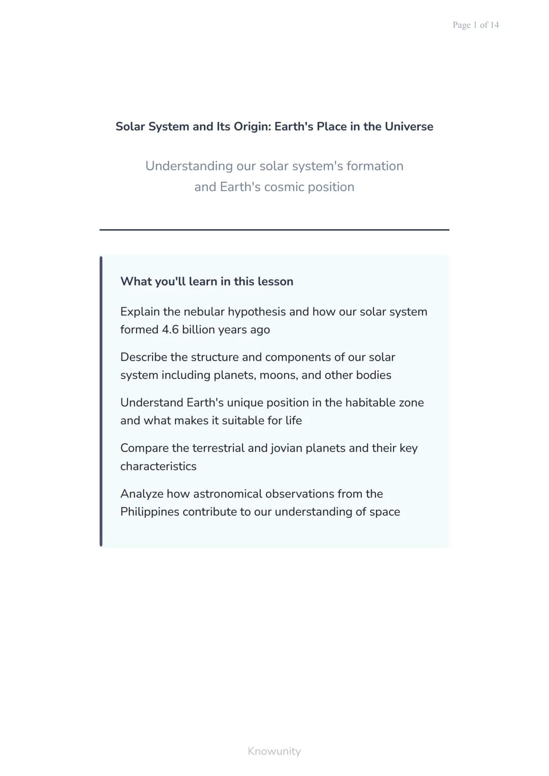 Solar System and Its Origin: Earth's Place in the Universe
Understanding our solar system's formation
and Earth's cosmic position
What you'l