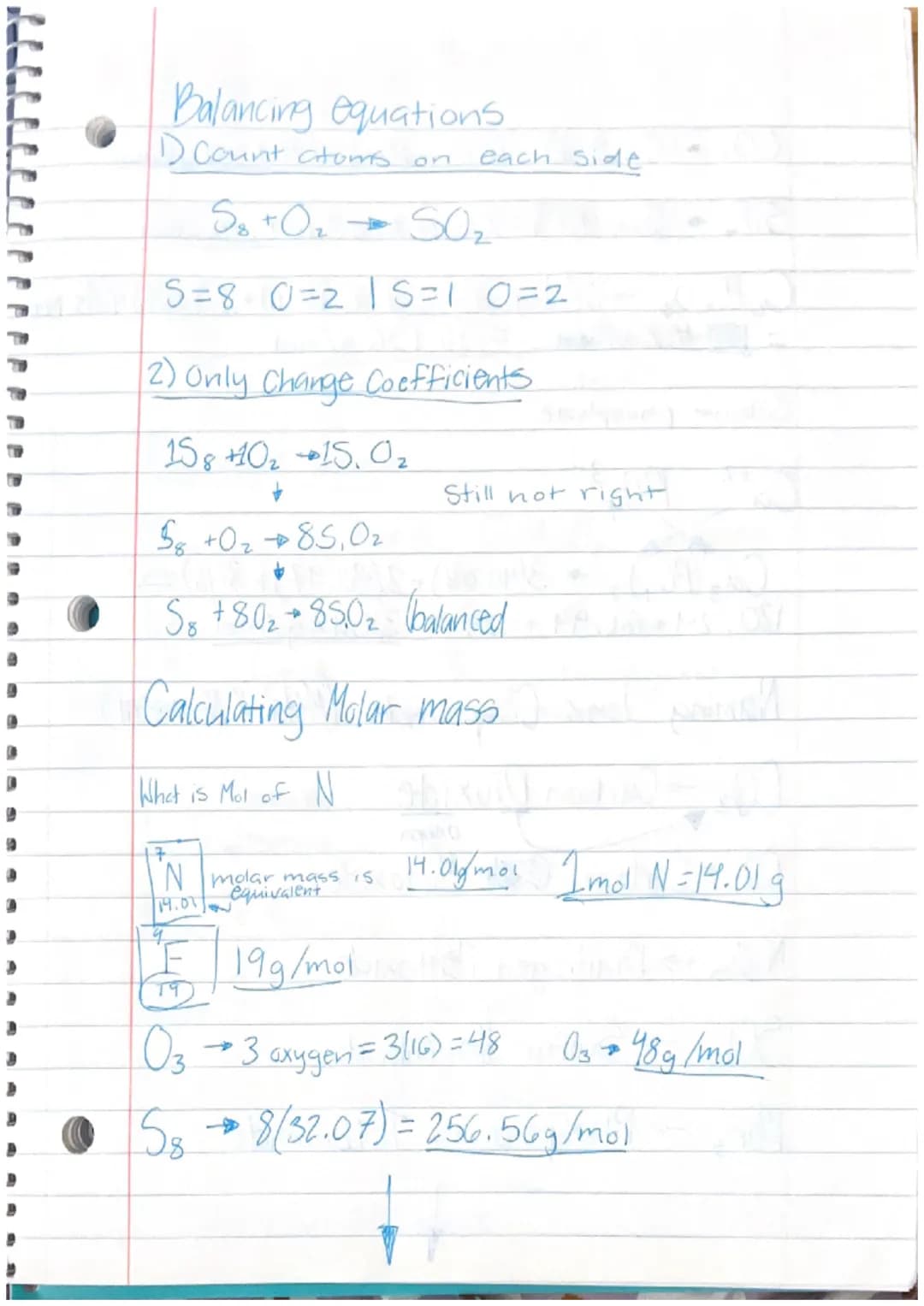 Balancing equations
1) Count atoms on
S₂ + O₂
S=80=21S=10=2
each side
2) Only Change Coefficients
158 +10₂ +15, 0₂
+
$8 +0₂85,0₂
S8 +80₂ +85