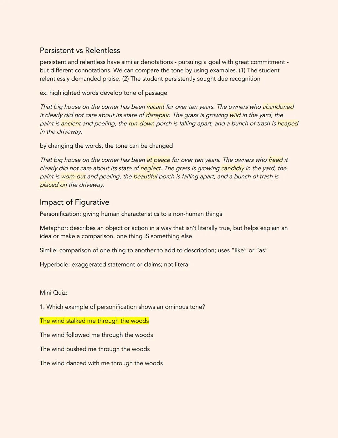Tone: the writer attitude towards his or her subject and characters
Mood: the atmosphere or feeling created for readers
Impact of Words
Deno
