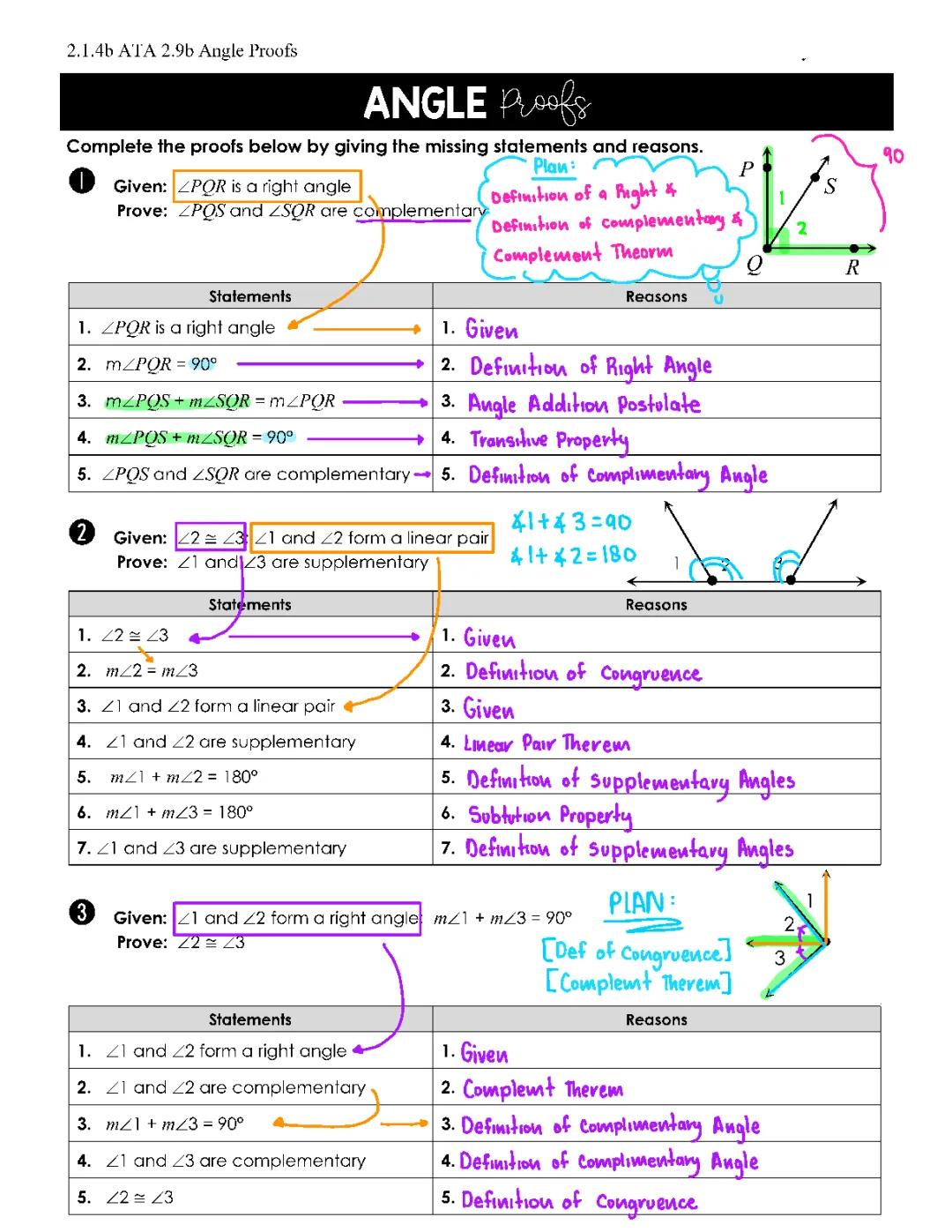 Geometry Proofs: Examples, Reasons, and Worksheets with Answers