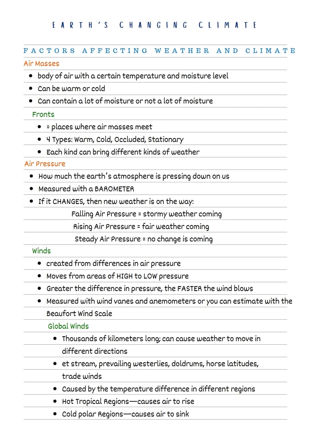 EARTH'S
CHANGING
WEATHER AND CLIMATE
Weather - Temporary behavior of atmosphere (what's going on at any certain
time). It involves small geo