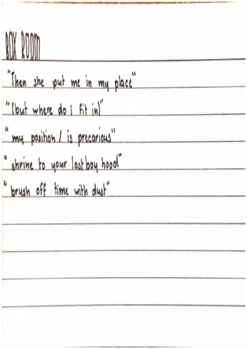BOK ROOM
"Then she put me in my place"
"(but where do i fit in!"
my position / is precarious"
"shrine to your lost boy hood"
"brush off time