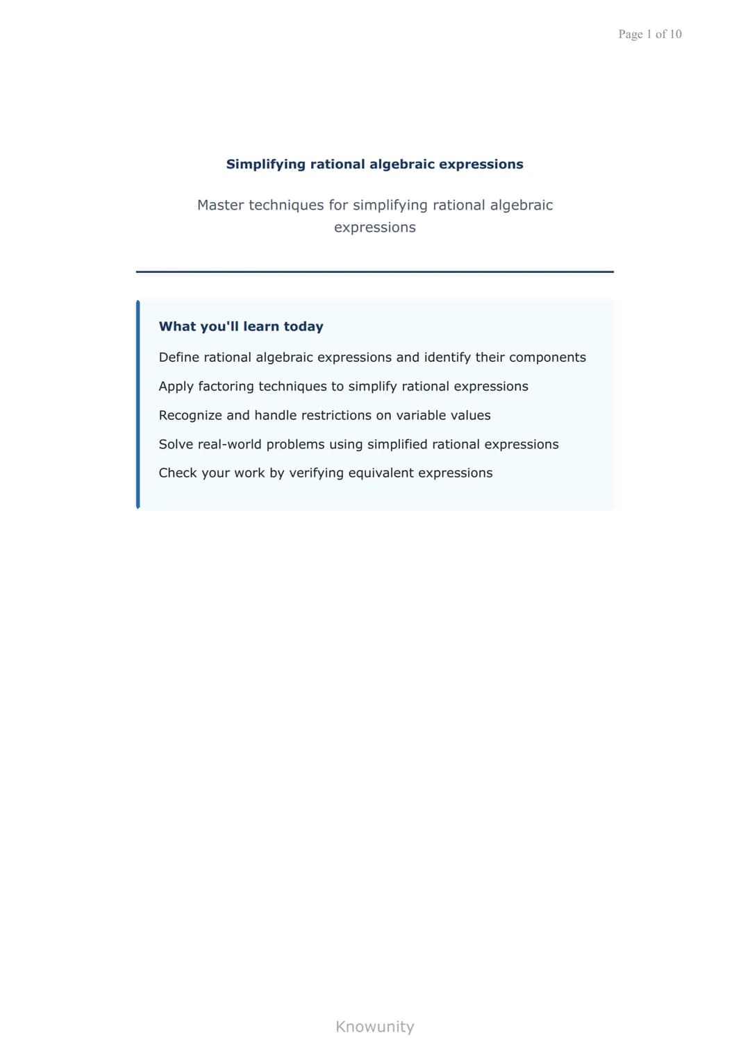 Simplifying rational algebraic expressions
Master techniques for simplifying rational algebraic
expressions
What you'll learn today
Define r