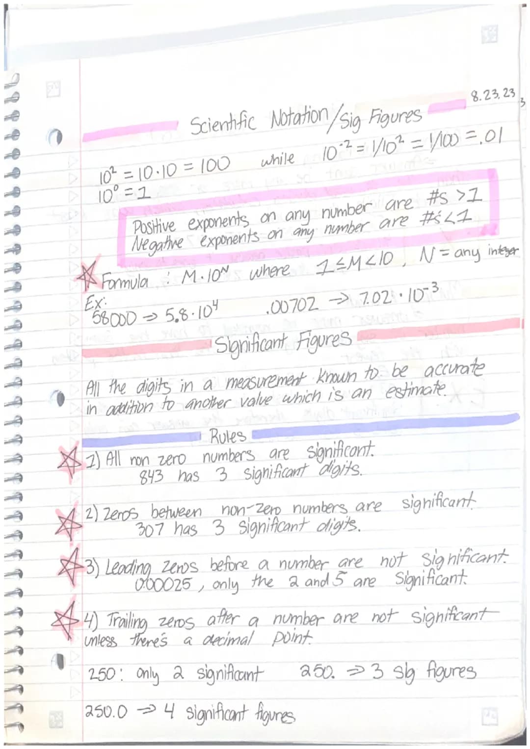 1 1 1 1 1 1 T
@
Scientific Notation/Sig Figures
10² = 10.10 = 100
10⁰ = 1
while
Ex:
58000 5.8.104
Deliê suct word of
Positive exponents on a