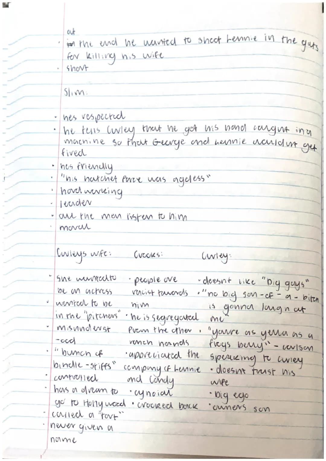 P
I
▾
I
.
Thursday 27th October 2002.
of mice and men.
f
Brain Dump:
(wley's wife
she gets killed by Lennie
she deesn't like Curley
she gets