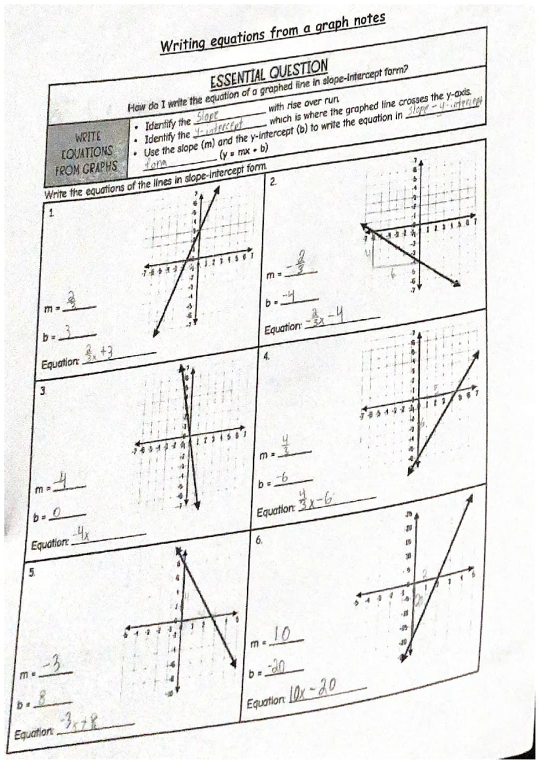 5
me
ba
b=3
Equation:
3
m
WRITE
LQUATIONS
FROM GRAPHS
Write the equations of the lines in slope-Intercept form
2.
1
b. D
Equation: 4x
no the