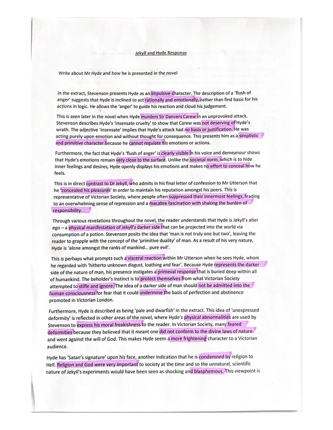 Jekyll and Hyde Response
Write about Mr Hyde and how he is presented in the novel
In the extract, Stevenson presents Hyde as an impulsive ch