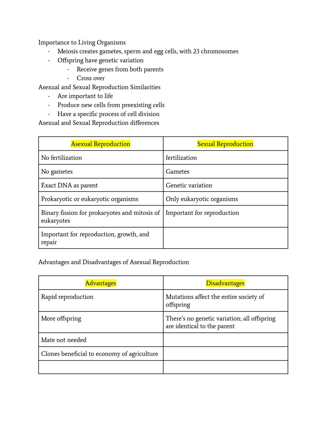Asexual and Sexual Reproduction
Asexual Reproduction
The process of reproduction in cells without joining gametes
No gametes (male sperm and