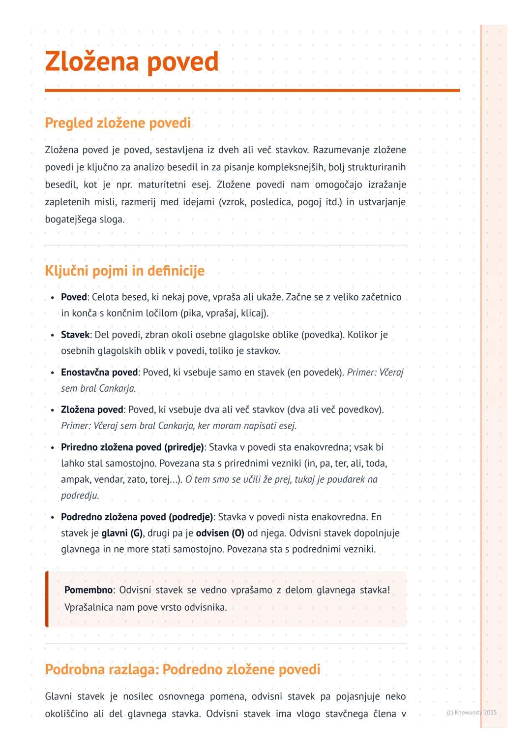 # Zložena poved

## Pregled zložene povedi

Zložena poved je poved, sestavljena iz dveh ali več stavkov. Razumevanje zložene
povedi je ključ
