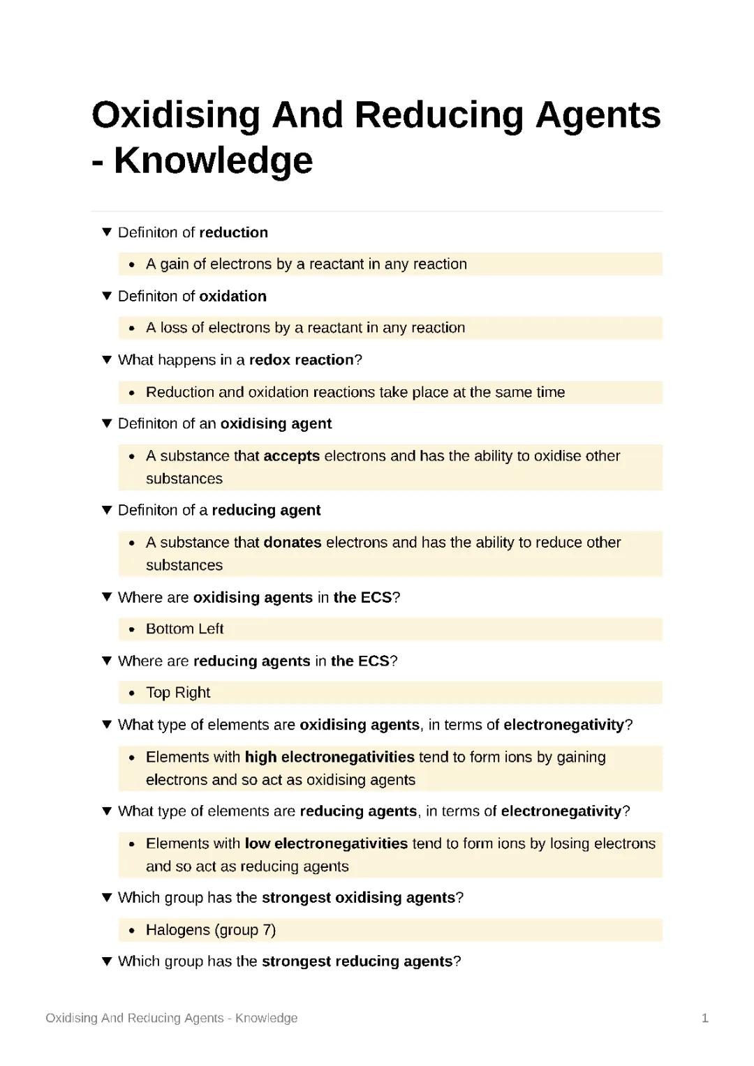 Oxidising and Reducing Agents - Knowledge