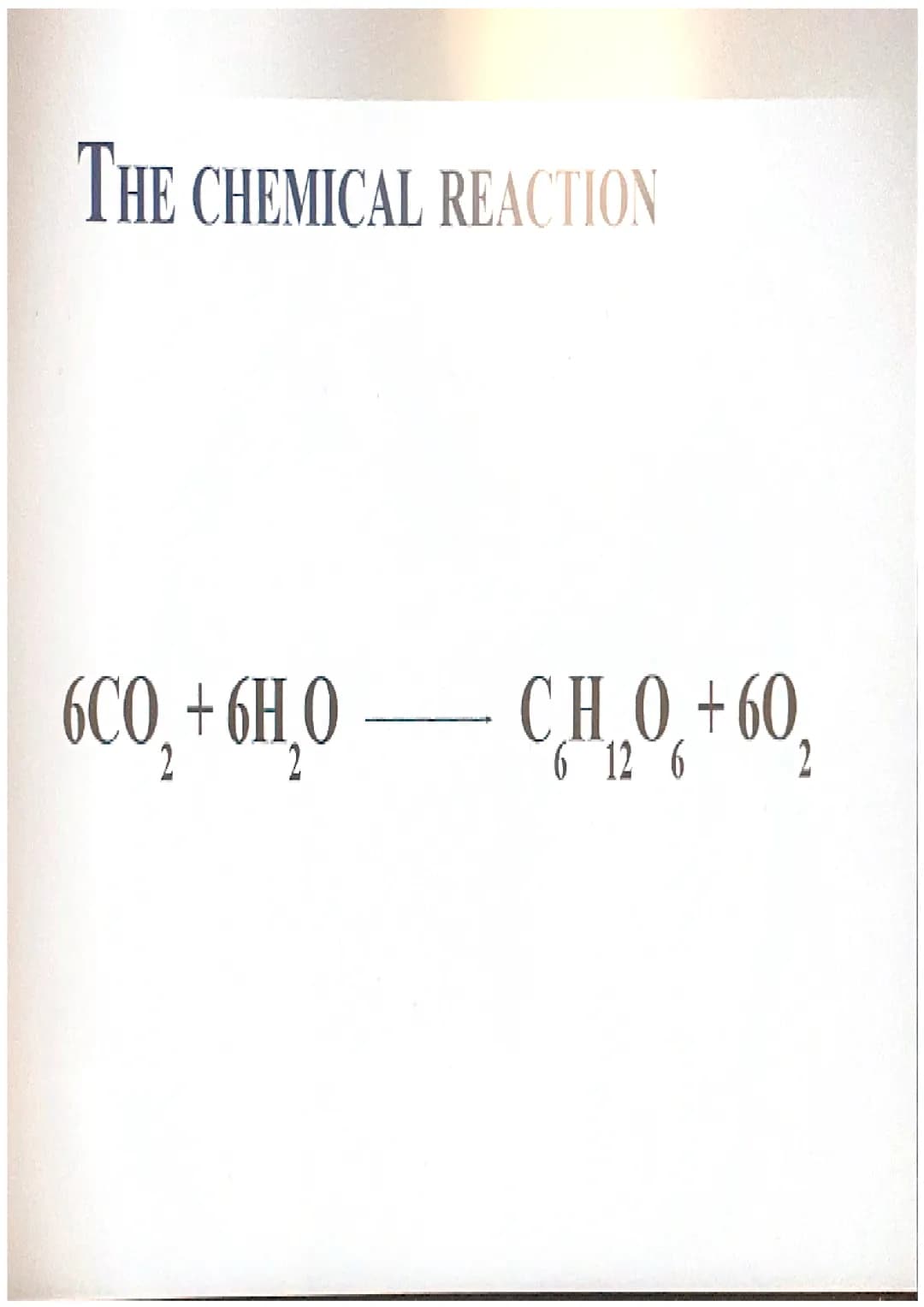 Photosynthesis
The chemical process of converting
carbon dioxide and water into glucose
and oxygen. THE CHEMICAL REACTION
6CO₂ + 6H₂O
- CHO 